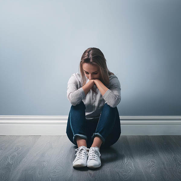 woman sitting huddled on floor coping with severe PMS